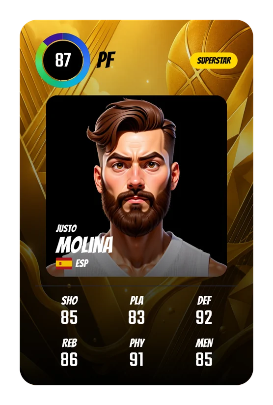 La card di Justo Molina in Swish & Dunk: PF, Overall 87