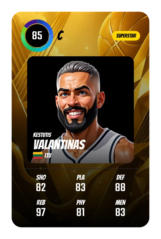 La card di Kestutis Valantinas in Swish & Dunk: C, Overall 85