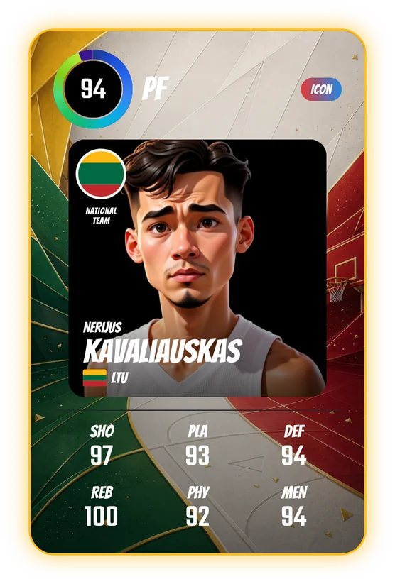 La card di Nerijus Kavaliauskas in Swish & Dunk: PF, Overall 94