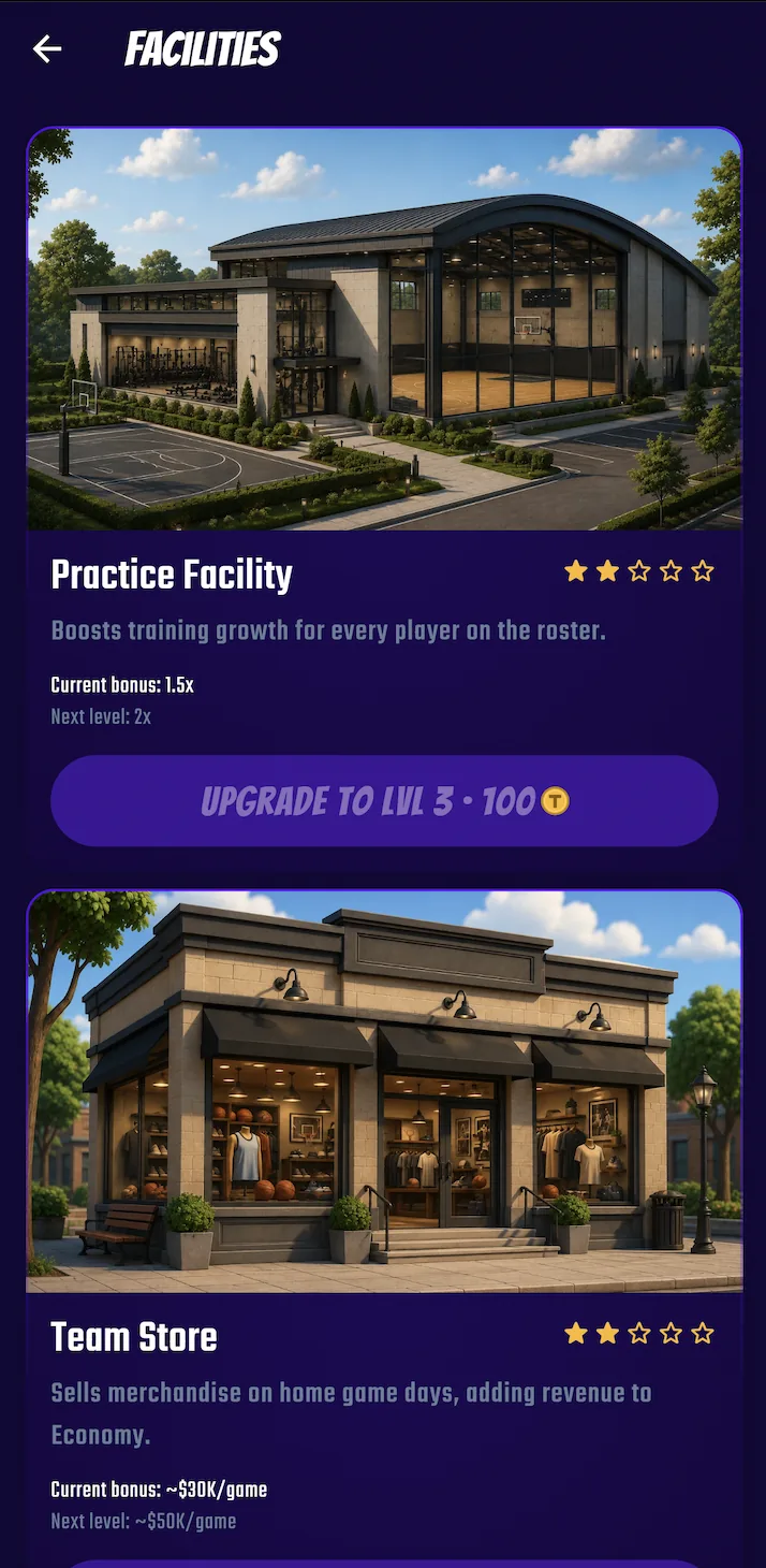 The Swish & Dunk Facilities screen with the practice facility, team store and medical center