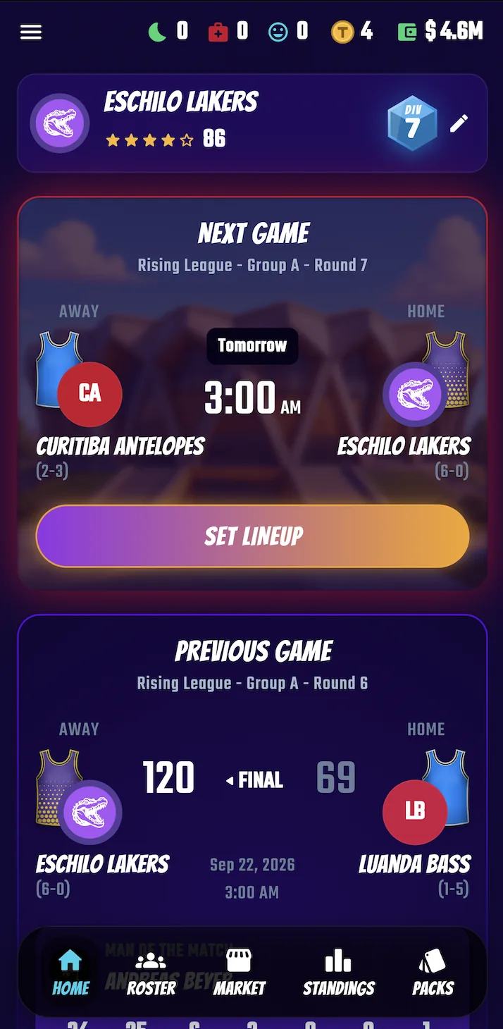 The Swish & Dunk Home screen with the next game, both teams' jerseys and the last result