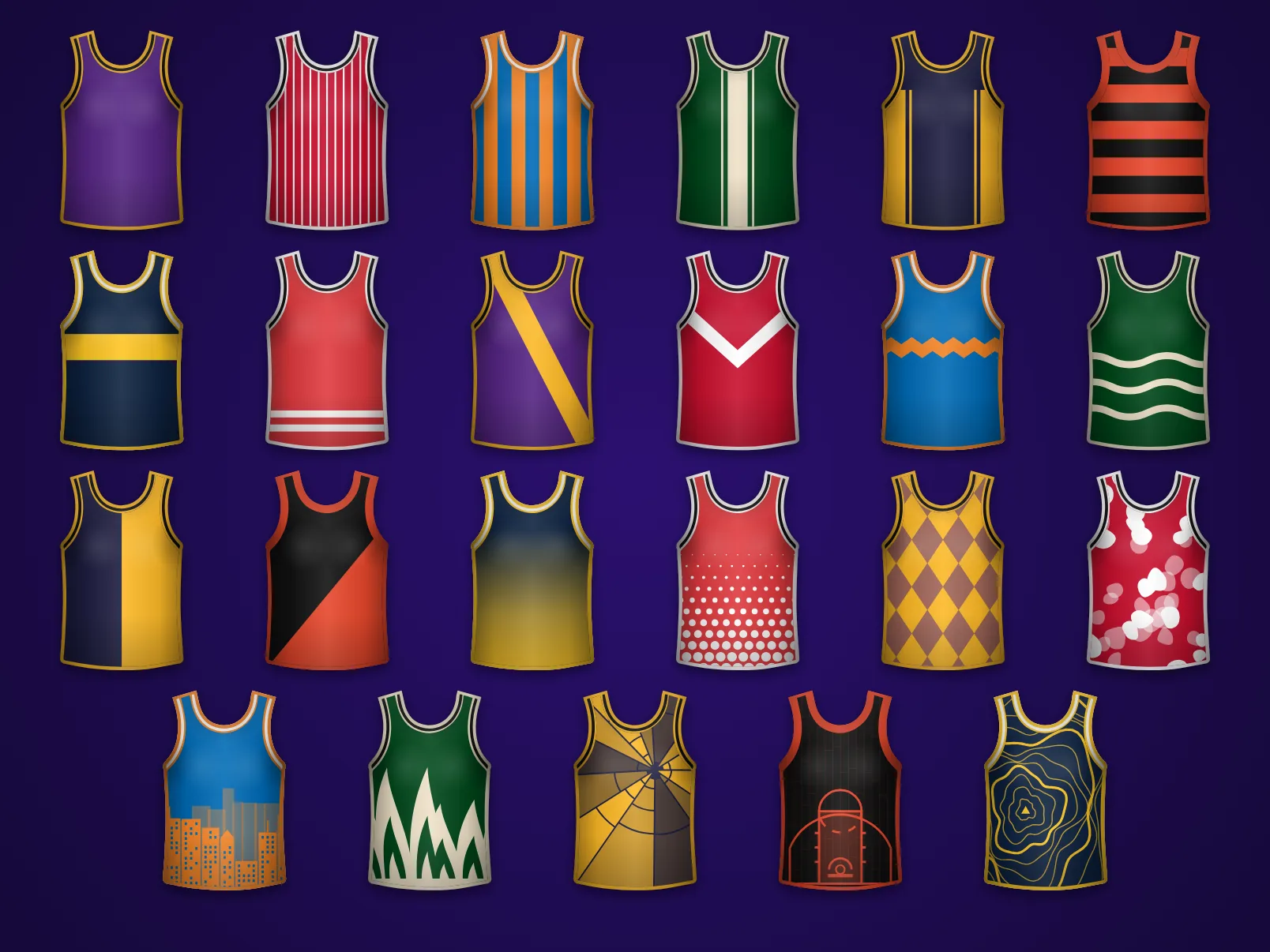 The 23 Swish & Dunk jersey patterns: pinstripes, stripes, bands, flames, skyline, basketball court and more