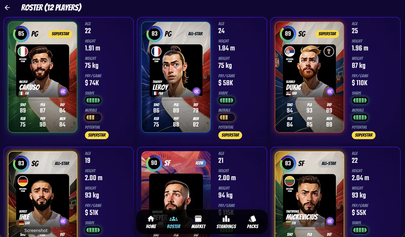 The Swish & Dunk roster shown as collectible cards with AI-generated faces